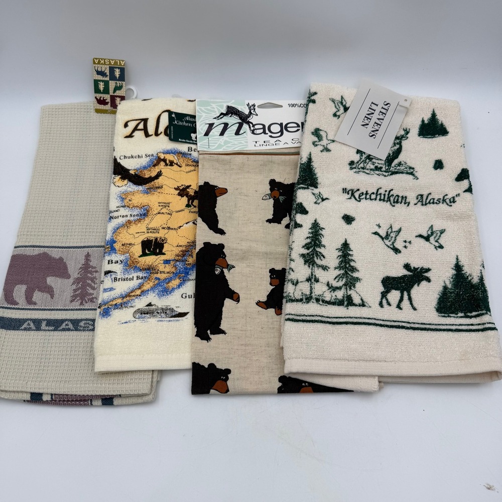 Lot of 4 Alaska Kitchen Towels Magenta Stevens Linen Bear Moose Map Souvenir NEW